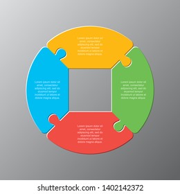 Four pieces puzzle circles diagram. Circles business presentation infographic. 4 steps, parts, pieces of process diagram. Section compare banner. Jigsaw puzzle info graphic. Marketing strategy.