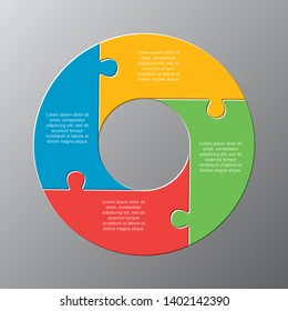 Four pieces puzzle circles diagram. Circles business presentation infographic. 4 steps, parts, pieces of process diagram. Section compare banner. Jigsaw puzzle info graphic. Marketing strategy.