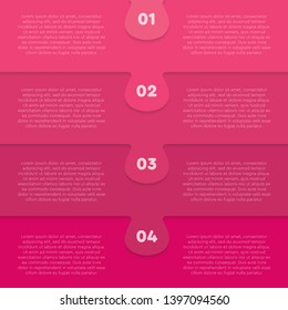 Four pieces puzzle column diagram. Columns business presentation infographic. 4 steps, parts, pieces of process diagram. Section compare banner. Jigsaw puzzle info graphic. Marketing strategy.