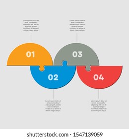 Four pieces puzzle half circles diagram. Circles business presentation infographic. 4 steps, parts, pieces of process diagram. Section compare banner. Jigsaw puzzle info graphic. Marketing strategy.