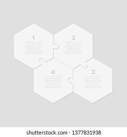 Four pieces puzzle hexagonal diagram. Hexagon business presentation infographic. 4 steps, parts, pieces of process diagram. Section compare banner. Jigsaw puzzle info graphic. Marketing strategy.