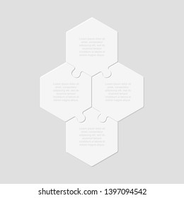 Four pieces puzzle hexagonal diagram. Hexagon business presentation infographic. 4 steps, parts, pieces of process diagram. Section compare banner. Jigsaw puzzle info graphic. Marketing strategy.