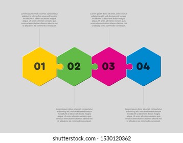 Four pieces puzzle hexagonal diagram. Hexagon business presentation infographic. 4 steps, parts, pieces of process diagram. Section compare banner. Jigsaw puzzle info graphic. Marketing strategy.
