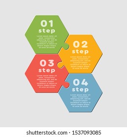 Four pieces puzzle hexagonal diagram. Hexagon business presentation infographic. 4 steps, parts, pieces of process diagram. Section compare banner. Jigsaw puzzle info graphic. Marketing strategy.