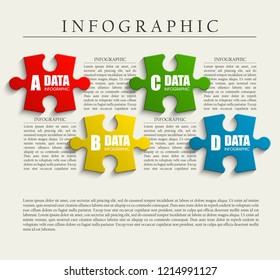 Four pieces puzzle presentation. Abstract puzzle 3d business infographic template explanatory text field business statistics. Vector 4 pieces puzzles illustration. Section four compare service banner