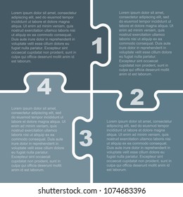 Four pieces puzzle squares diagram. Squares business presentation infographic. 4 steps, parts, pieces of process diagram. Section compare banner. Jigsaw puzzle info graphic. Marketing strategy.