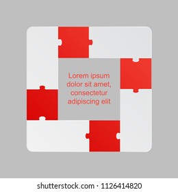 Four pieces puzzle squares diagram. Squares business presentation infographic. 4 steps, parts, pieces of process diagram. Section compare banner. Jigsaw puzzle info graphic. Marketing strategy.