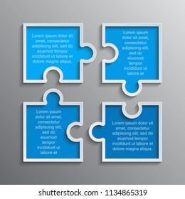 Four pieces puzzle squares diagram. Squares business presentation infographic. 4 steps, parts, pieces of process diagram. Section compare banner. Jigsaw puzzle info graphic. Marketing strategy.