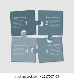 Four pieces puzzle squares diagram. Squares business presentation infographic. 4 steps, parts, pieces of process diagram. Section compare banner. Jigsaw puzzle info graphic. Marketing strategy.