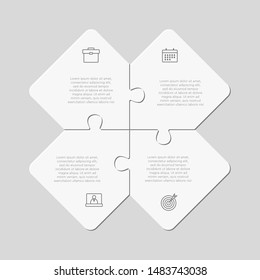 Four pieces puzzle squares diagram. Squares business presentation infographic. 4 steps, parts, pieces of process diagram. Section compare banner. Jigsaw puzzle info graphic. Marketing strategy.