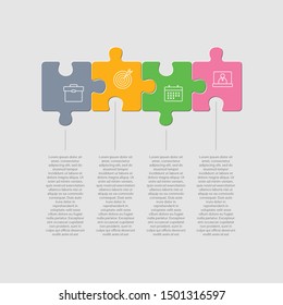 Four pieces puzzle squares diagram. Squares business presentation infographic. 4 steps, parts, pieces of process diagram. Section compare banner. Jigsaw puzzle info graphic. Marketing strategy.