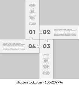Four pieces puzzle squares diagram. Squares business presentation infographic. 4 steps, parts, pieces of process diagram. Section compare banner. Jigsaw puzzle info graphic. Marketing strategy.