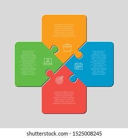 Four pieces puzzle squares diagram. Squares business presentation infographic. 4 steps, parts, pieces of process diagram. Section compare banner. Jigsaw puzzle info graphic. Marketing strategy.