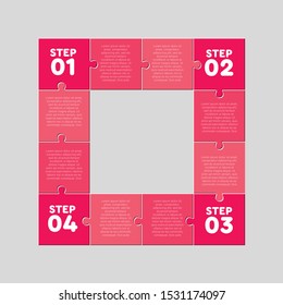 Four pieces puzzle squares diagram. Squares business presentation infographic. 4 steps, parts, pieces of process diagram. Section compare banner. Jigsaw puzzle info graphic. Marketing strategy.