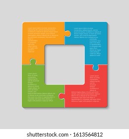 Four pieces puzzle squares diagram. Squares business presentation infographic. 4 steps, parts, pieces of process diagram. Section compare banner. Jigsaw puzzle info graphic. Marketing strategy.