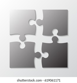 Four pieces puzzle squares diagram. Squares business presentation infographic. 4 steps, parts, pieces of process diagram. Section compare banner. Jigsaw puzzle info graphic. Marketing strategy.