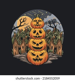 Four piles of expression pumpkins in a cornfield on Halloween