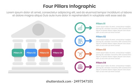 Marco de cuatro pilares con infografía de construcción clásica antigua con Plantilla de etapa de 4 puntos con columna izquierda y flecha de contorno para Vector de presentación de diapositivas