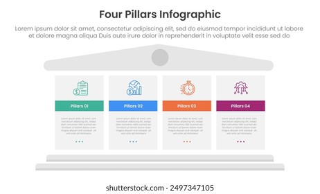 Four pillars framework with ancient classic construction infographic with 4 point stage template with big block pillars for slide presentation vector