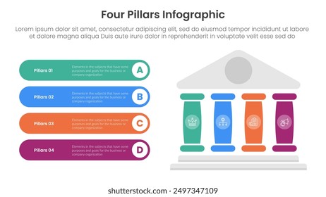 Four pillars framework with ancient classic construction infographic with 4 point stage template with right pillars and round rectangle description box for slide presentation vector