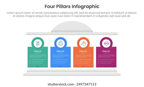 Marco de cuatro pilares con infografía de construcción clásica antigua con Plantilla de etapa de 4 puntos con pilar de bloque creativo y contorno de insignia circular para Vector de presentación de diapositivas