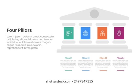 Four pillars framework with ancient classic construction infographic with 4 point stage template with big pillars on right column side for slide presentation vector