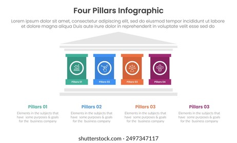 Four pillars framework with ancient classic construction infographic with 4 point stage template with strong pillar building on center for slide presentation vector