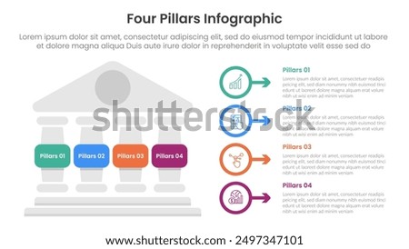 Four pillars framework with ancient classic construction infographic with 4 point stage template with left column and outline circle arrow for slide presentation vector