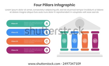 Four pillars framework with ancient classic construction infographic with 4 point stage template with right pillars and round rectangle description box for slide presentation vector