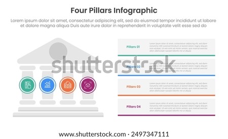 Four pillars framework with ancient classic construction infographic with 4 point stage template with pillars on left and rectangle box stack for slide presentation vector