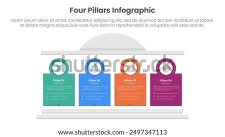 Four pillars framework with ancient classic construction infographic with 4 point stage template with creative block pillar and circle badge outline for slide presentation vector