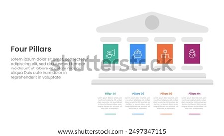 Four pillars framework with ancient classic construction infographic with 4 point stage template with big pillars on right column side for slide presentation vector