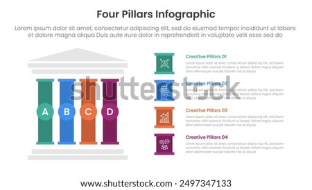 Four pillars framework with ancient classic construction infographic with 4 point stage template with left column and creative box description for slide presentation vector