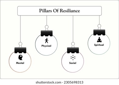 Cuatro Pilares de Resiliencia - Mental, Física, Social, Espiritual. Plantilla de infografía con iconos y marcador de posición de descripción