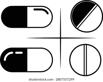 Four Pills Icon Set Medication Variety Pharmacy Symbol Collection
