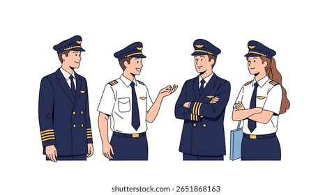 Quatro pilotos discutindo estratégia de aviação reunião conversa profissional