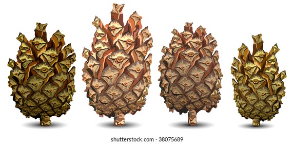 Four pine cones isolated on white background, vector illustration