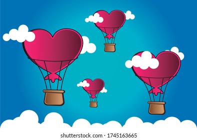 Four pink balloons flying between clouds