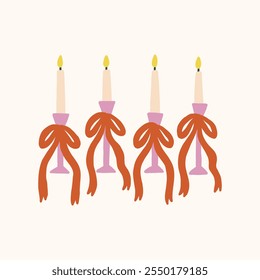 Four pink candlesticks adorned with red bows and lit candles. Vector hand drawn illustration in freehand style