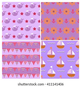 four pink childish cartoon seamless nautical patterns 