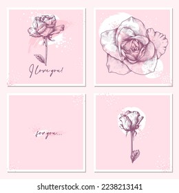 Cuatro tarjetas de felicitación rosa con una declaración de amor y rosas para el día de San Valentín. Postales para el diseño de redes sociales e impresión.