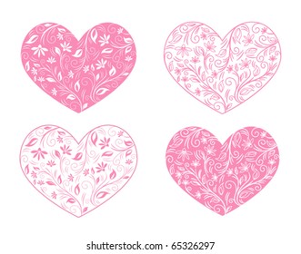 Four pink heart with floral elements
