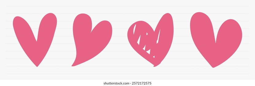 Four pink hearts in a row, each heart slightly different. Pink hearts, simple design. Hearts on a lined background. Pink hearts for love and decoration. Valentines doodle vector set.