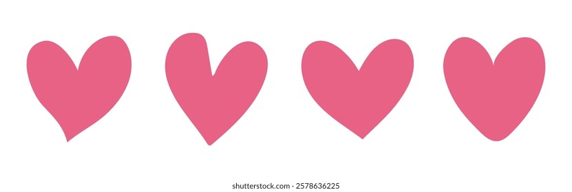 Four pink hearts in a row, each heart identical in shape and size. Pink hearts symbolize love and affection. Simple pink heart design for decoration. Valentines doodle vector set.