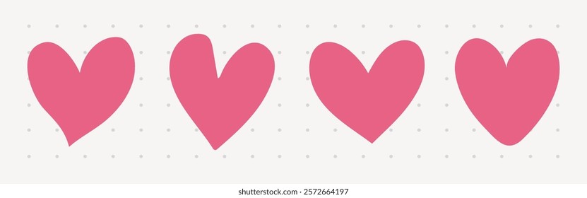 Four pink hearts in a row. Pink hearts on a white background. Simple pink heart design. Repeated pink heart pattern. Valentines doodle vector set.