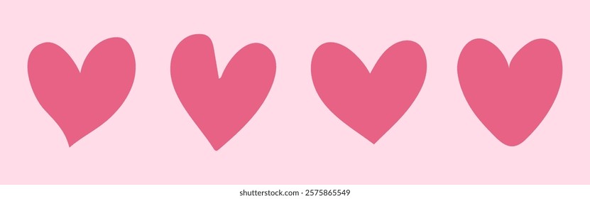 Four pink hearts in a row on a light pink background. Pink hearts aligned. Simple heart design. Pink hearts for decoration. Heart pattern. Valentines doodle vector set.