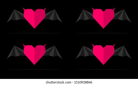 four pink hearts with wings on black background