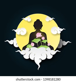 Four pink lotus flowers with sitting buddha on full moon background.Paper art of versak day concept vector illustration.