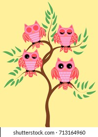 Four pink owls on a tree branch: sleeping, awake, two with a half-open eyes