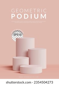 Four pink pastel color cylindrical minimal stand product podium on pink background. Vector illustration